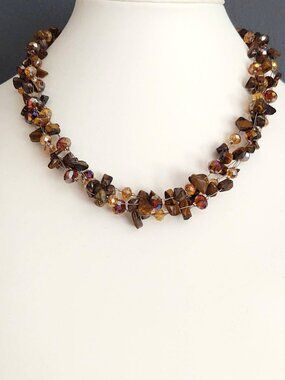 Brown stone & cognac crystal bead necklace on wire